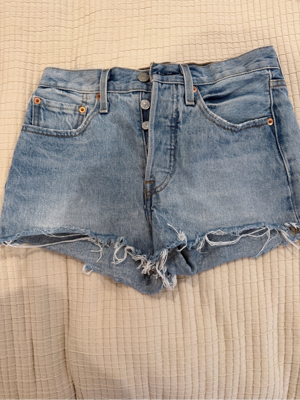 Levi's Light Blue High-Rise Frayed Denim Shorts 501